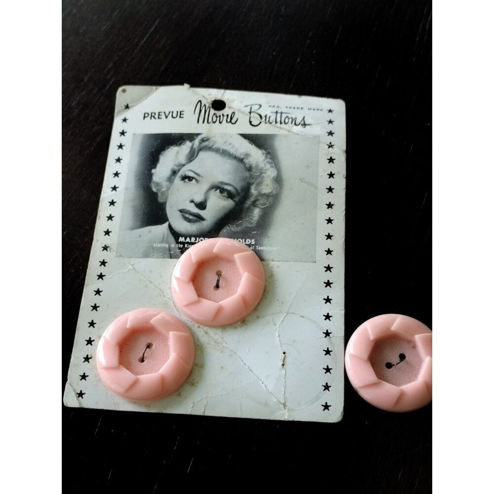 Vintage 3 Prevue Movie Buttons 1949 Peach Plastic Marjorie Reynolds 1 1/8"